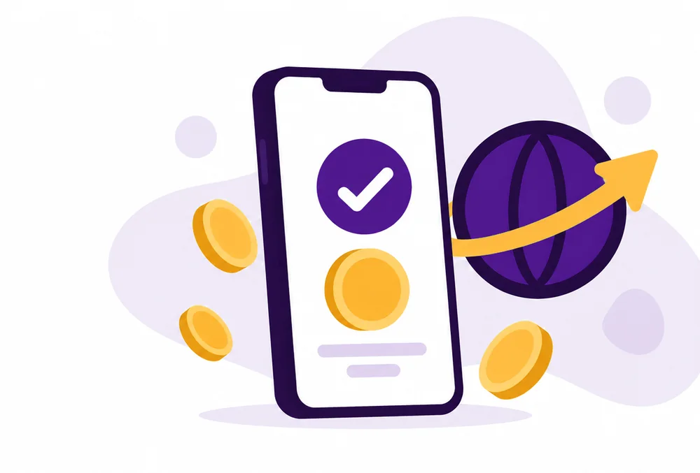 Phone showing a completed money transfer with coins and a globe